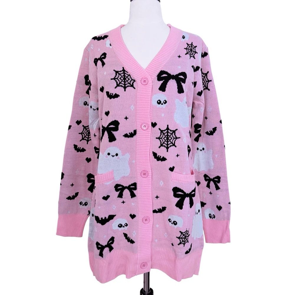nwt em & sprout 'creepin it pink' knit cardigan sweater M halloween ghost bow